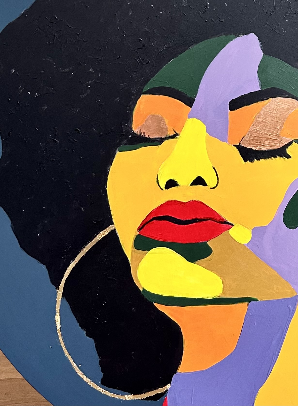 Colourful painted portrait with bold planes of yellow, green, purple and orange